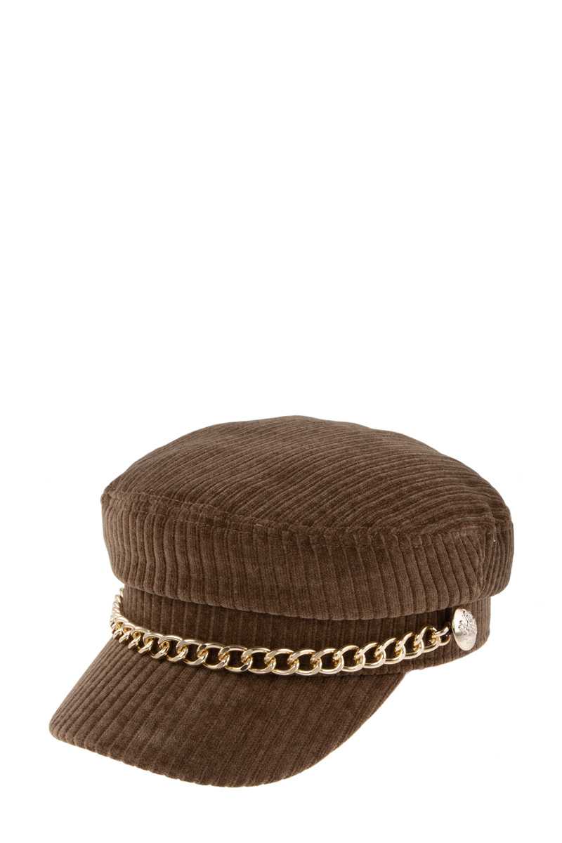 Corduroy Cabbie Hat with Chain Accent