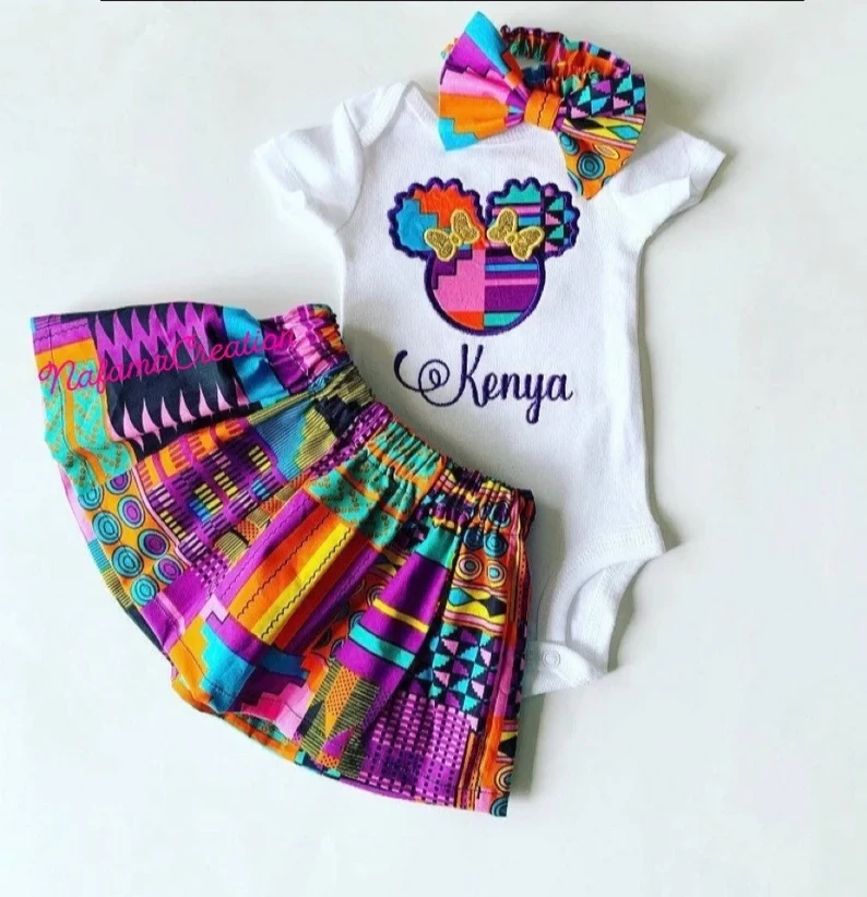 African print embroidered outfit set, Ankara skirt, personalized T-shirt , Headb