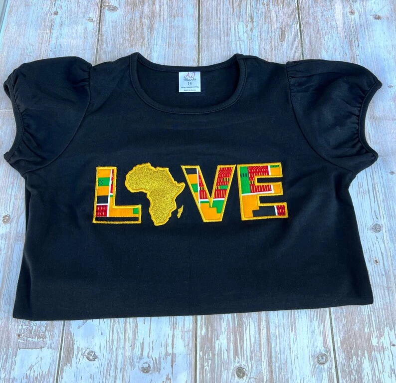 Love Africa map, Personalized girl shirt, Kente embroidered shirt, African girl 